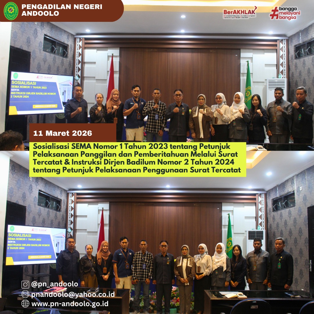 Sosialisasi SEMA Nomor 1 Tahun 2023 tentang Petunjuk Pelaksanaan Panggilan dan Pemberitahuan Melalui Surat Tercatat & Instruksi Dirjen Badilum Nomor 2 Tahun 2024 tentang Petunjuk Pelaksanaan Penggunaa